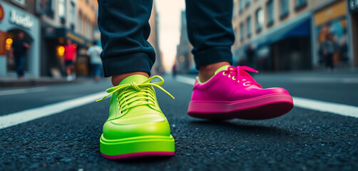 A close-up of a person standing on a vibrant, urban street, wearing two distinctly different colored shoes, one neon green and the other bright pink