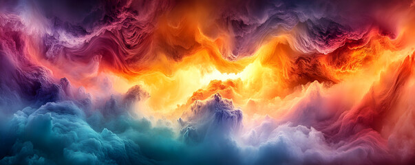 Obraz premium Abstract Fiery Cloudscape, Vibrant Hues of Orange, Purple, and Teal Intertwine, Creating a Dreamlike, Celestial Landscape of Swirling, Textured Clouds.