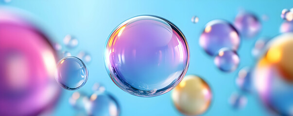 Naklejka premium Abstract Bubbles Background, Iridescent Spheres Float in a Dreamlike Blue Sky, Shimmering with Pastel Hues