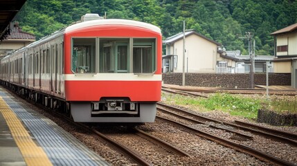 Obraz premium Red Train Arriving at a Rural Japanese Station