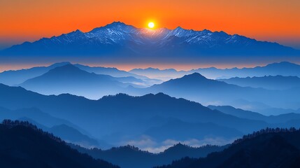 Fototapeta premium Stunning sunrise over a majestic mountain range, layers of blue mountains, orange sky, snow-capped peaks.