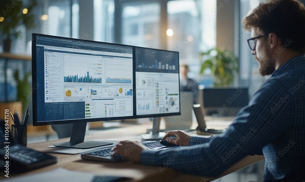 Aufkleber a person analyzing data on dual monitors in a modern office.