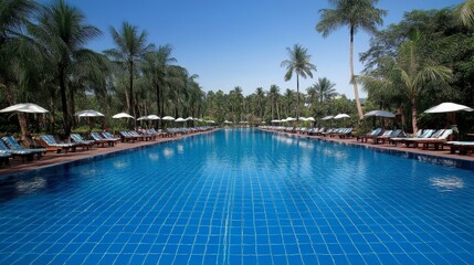 Tropical Resort Pool with Palm Trees and Loungers