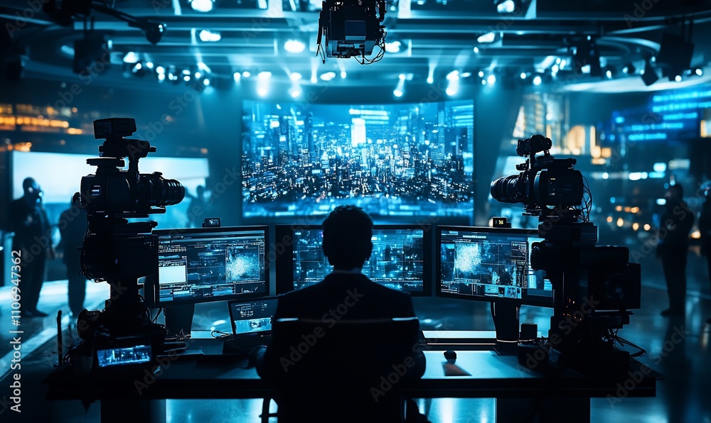 Poster a person monitors a high-tech control room with multiple screens.