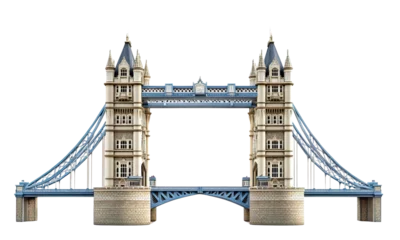 An iconic tower bridge, historical theme, detailed towers, bold blues and grays, isolated on white background
