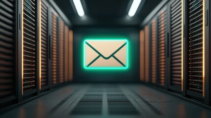 Secure Multipurpose Internet Mail Extension (S/MIME) Concept. Digital mail icon in a futuristic server room setting.