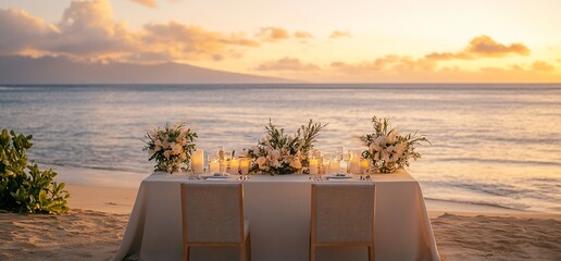 A romantic beachside dinner setup at sunset.