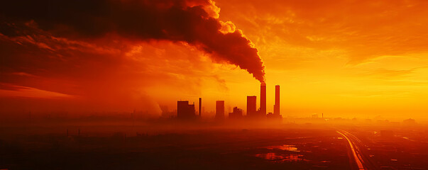 Industrial Sunset, Pollution and Cityscape at Dusk