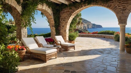 Fototapeta premium Mediterranean Terrace with Ocean View, Wicker Furniture, and Flowers V11