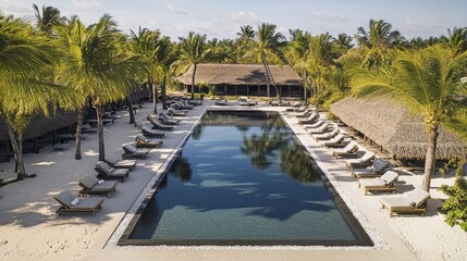 Fototapeta premium A tropical resort with a large swimming pool and white sand beach