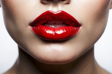 Naklejka premium Glossy Red Lips on a White Background: Captivating Beauty in High Depth of Field for Stunning Visuals and Artistic Inspiration