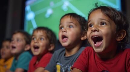 Obraz premium Children joyfully watching a football match on TV, expressing excitement