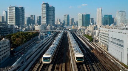 Two Modern Trains Approaching Each Other on a City Elevated Track