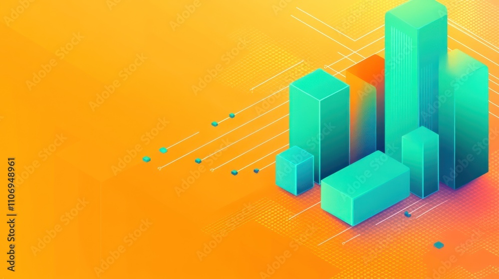 Poster a vibrant graphic illustration of abstract buildings with a gradient background.