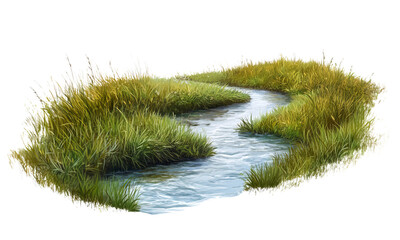 A river in a meadow, idyllic setting, soft grass edges, pastel greens and blues, isolated on white background 