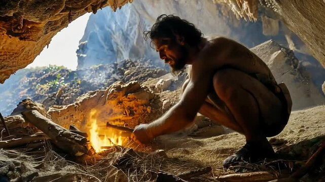 Primitive survival: displaying prehistoric life through the lens of primitive man, community, and the raw essence of early existence in a natural environment.