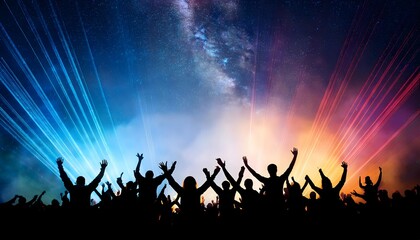 Fototapeta premium Silhouettes of a cheering crowd under colorful lights against a dark sky