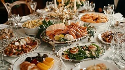 Fototapeta premium A close-up of an elegantly set dining table with an assortment of gourmet dishes, including seafood, salads, and artfully plated entrees 