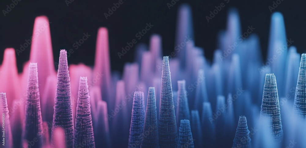Poster abstract representation of sound waves in vibrant colors, showcasing peaks and troughs.
