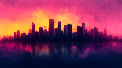Fototapeta premium Cityscape at Sunset, Urban Skyline Reflected in Vibrant Water