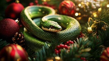 Fototapeta premium Green Snake Wrapped Around Christmas Tree Branch with Holiday Ornaments