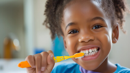 Smiling African American child brushing teeth with yellow toothbrush, dental hygiene concept
