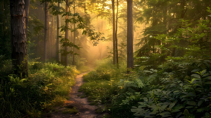 Obraz premium Golden Hour in the Forest: Serene Landscape Featuring Lush Greenery and a Meandering Pathway