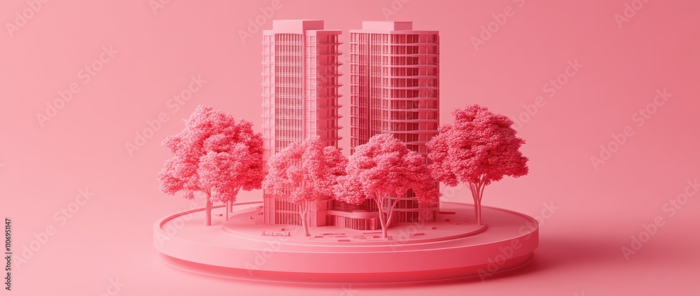 Poster a stylized 3d model of modern buildings surrounded by pink trees on a circular base.