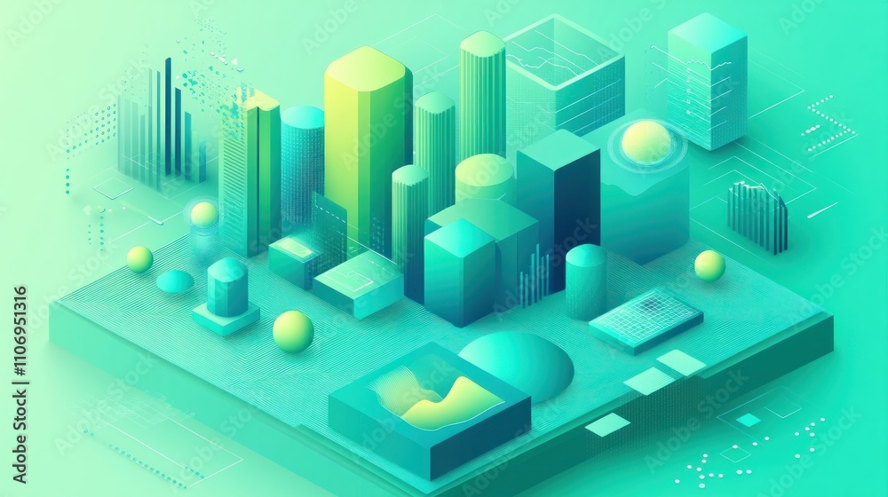 Poster Abstract 3D cityscape with geometric shapes and data visualizations in a teal color scheme.