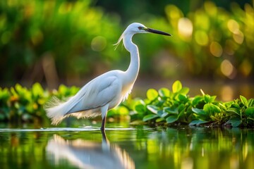 Graceful Little Egret Egretta garzetta Stalking in Shallow Waters with a Soft Background, Capturing the Essence of Wetland Wildlife in Stunning Detail Under Bright Natural Light