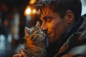 handsome young man holds a kitten in his arms, hugs him and looks at him, smiles, background for Valentine's day