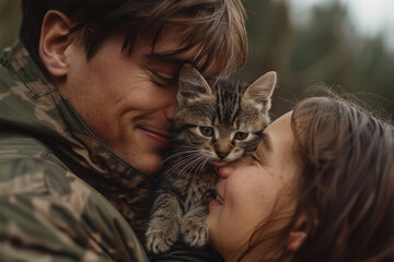 girl and guy hugging a little kitten and kissing it, smiling, concept for Valentine's Day, taking care of pets