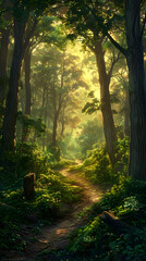 Obraz premium Golden Hour in the Forest: Serene Landscape Featuring Lush Greenery and a Meandering Pathway