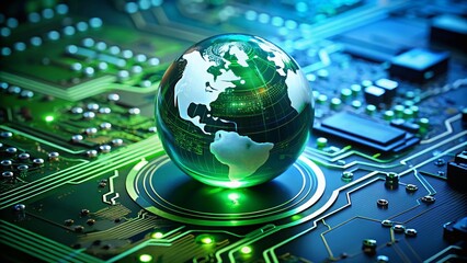 Green Globe on a Glowing Circuit Board Symbolizing Global Digital Connectivity in a Modern Technological World