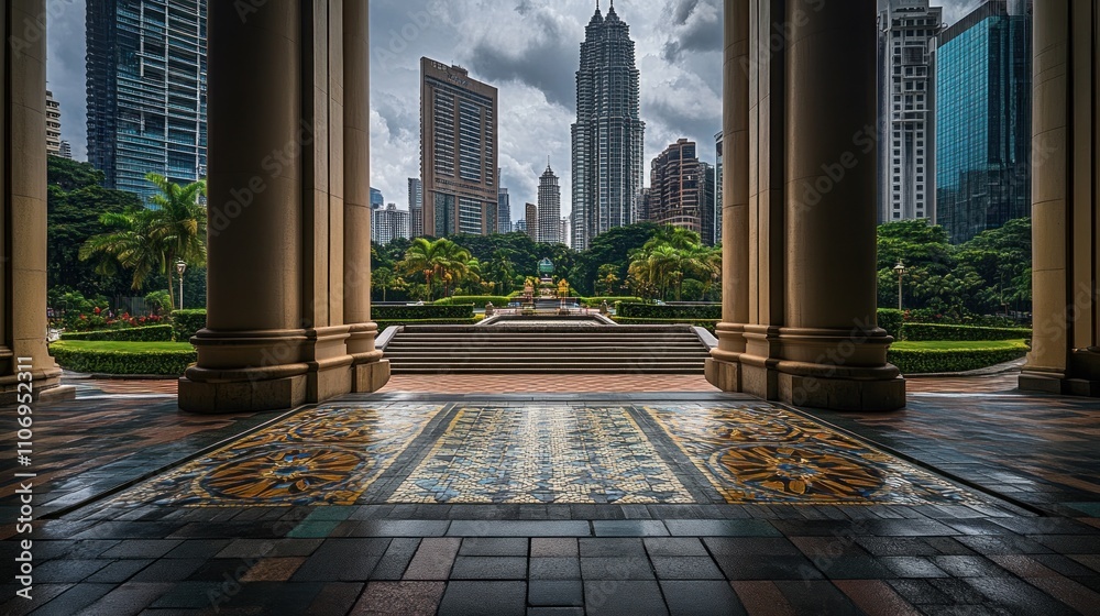 Poster A view of a cityscape framed by classical architecture and lush greenery.