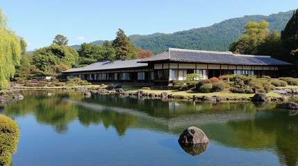 Obraz premium Traditional Japanese House with Pond and Garden in a Mountain Setting