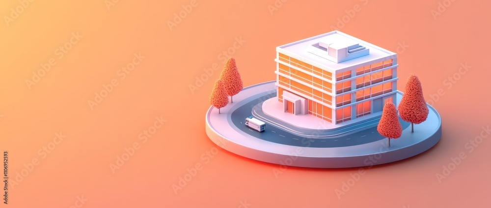 Fototapete a 3d rendering of a modern building with trees and a road, showcasing urban design.