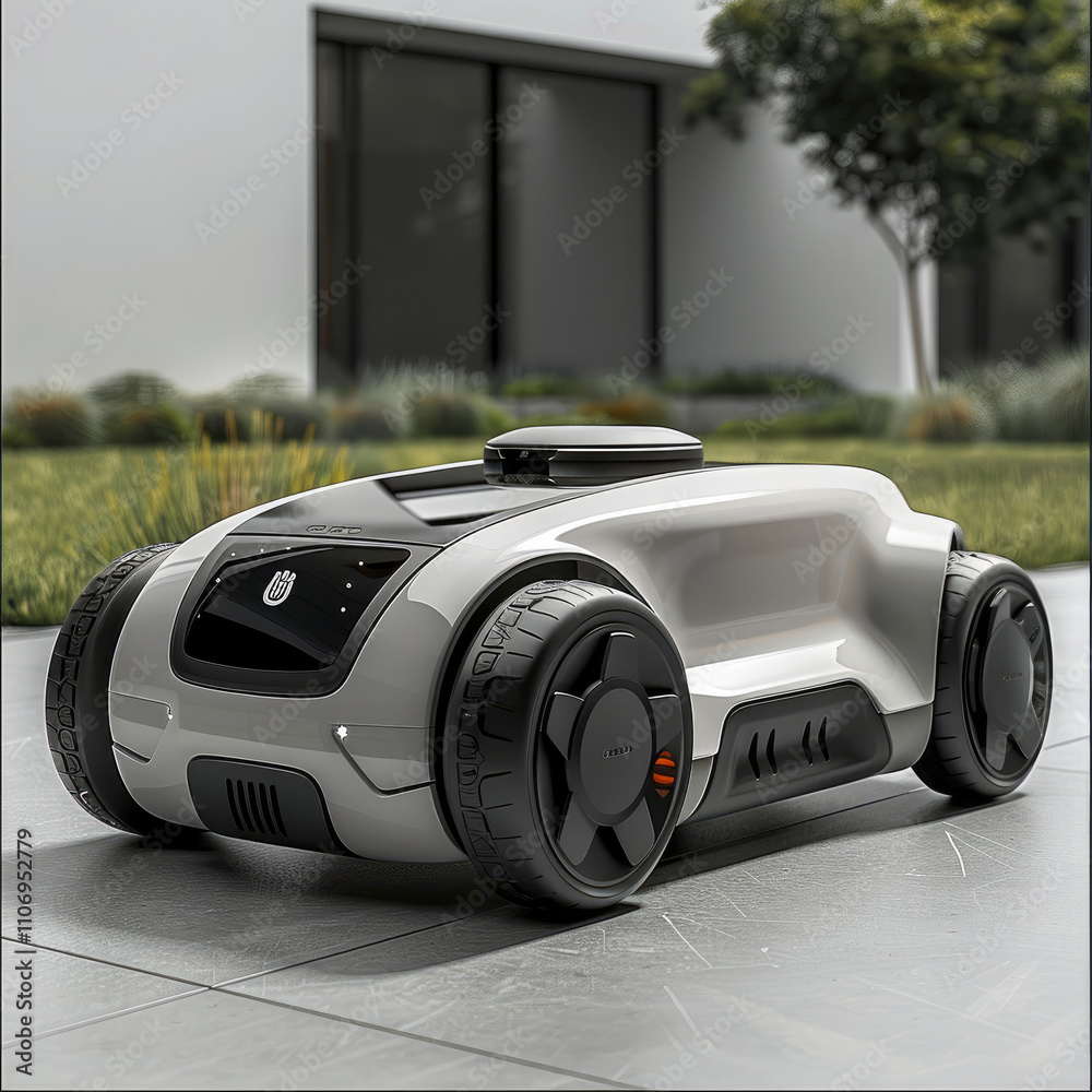 Poster The Smart Mowing Robot is extremely minimalist, the product is silver-grey in color and metallic, with a four-wheel drive mode and elements of conceptual power tools.