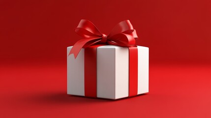 Obraz premium Gift Box With Red Bow on Red Background Symbolizing Elegance, Simplicity, and Festive Holiday Giving