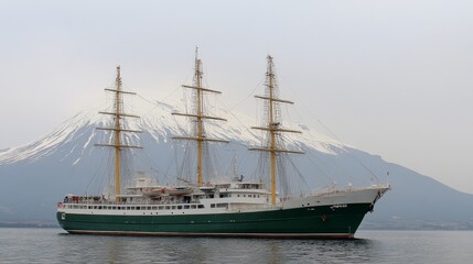 A Green-Hulled Tall Ship Sails Past a Snowy Mountain in the Distance