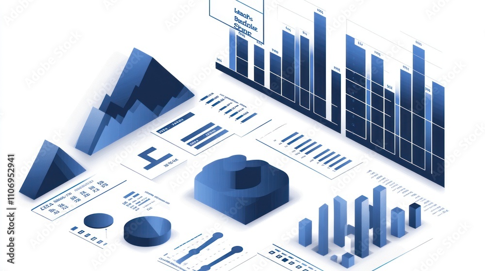 Poster A collection of blue data visualizations including graphs, charts, and metrics.