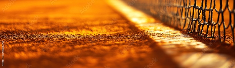Poster a close-up view of a tennis court net with warm lighting and textured surface.