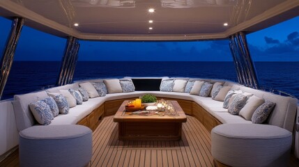 Luxury Yacht Deck with Seating and Table at Night