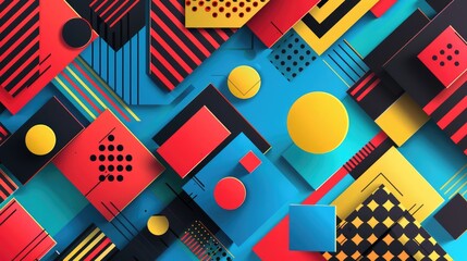 Obraz premium Colorful abstract design with squares and circles. The design is made up of different shapes and colors, creating a dynamic and energetic feel. The use of bright colors