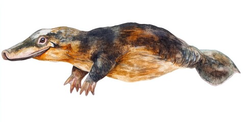 Fototapeta premium Watercolor drawing of a duck with a long beak. The duck is swimming in the water