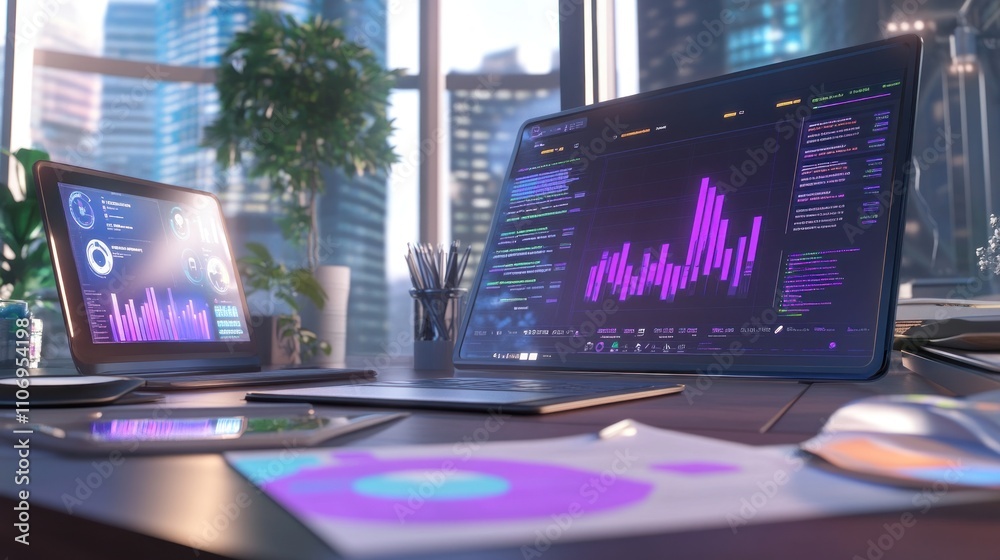 Poster A modern workspace featuring digital devices displaying data analytics and graphs.