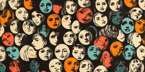 Colorful collage of faces with a blue circle in the middle. The faces are all different sizes and colors, and they are arranged in a way that creates a sense of depth and movement