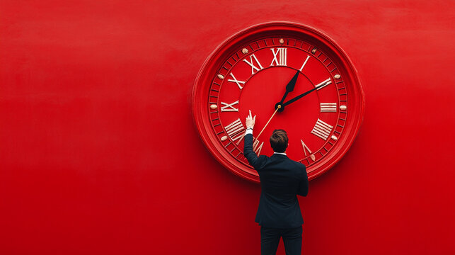 Adjusting time on a red wall clock