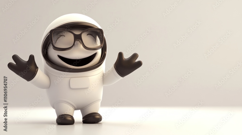 Poster a cheerful cartoon character in a spacesuit with glasses, expressing joy and excitement.