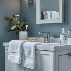The square towel bar in the bathroom, the gray-blue walls. a white vanity with a mirror, soap and a toothbrush.